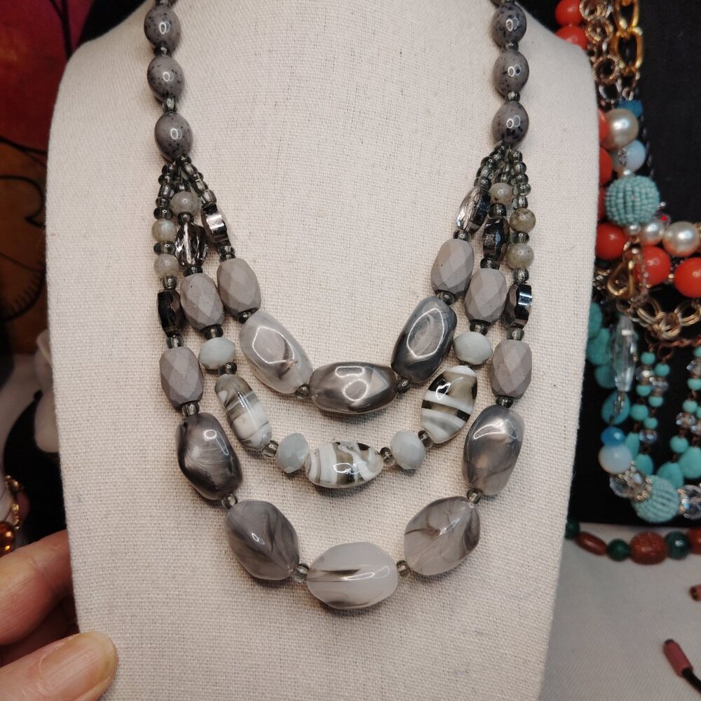Grey Multi Strand Lucite Bead Statement Necklace - image 5